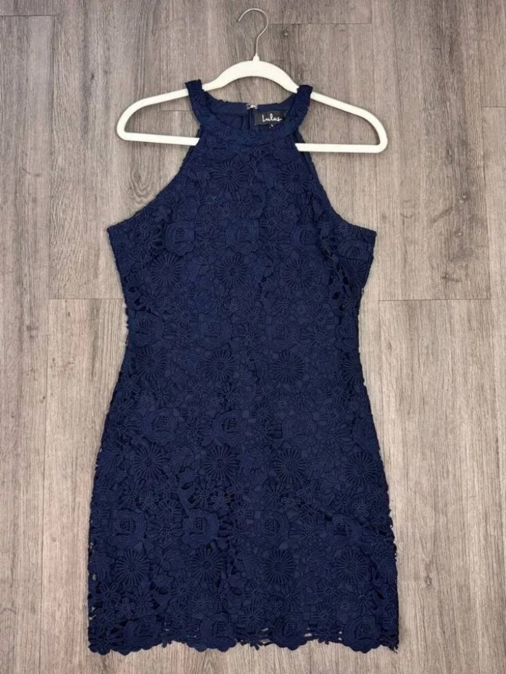 Lulus “Love Poem” Navy Blue Lace Mini Dress — Size L, Elegant & Chic